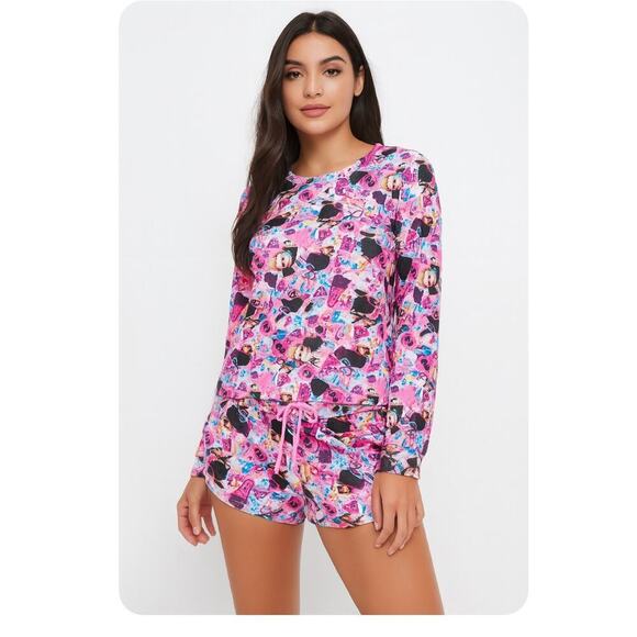 Forever 21 2014 Limited Edition Barbie Print Graphic set Sweatshirt/shorts SZ SM - Picture 1 of 7